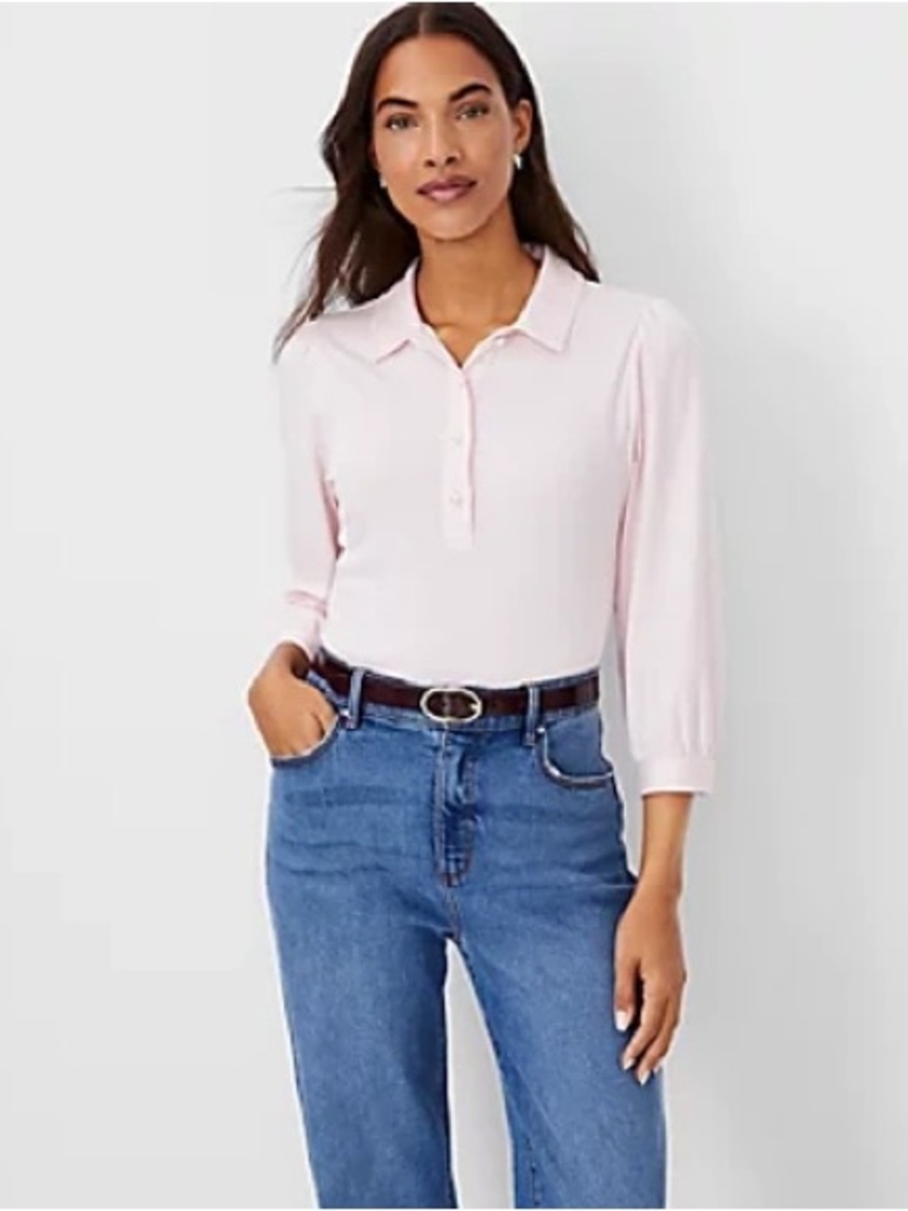 Ann Taylor Pearlized Button Polo Top In Breezy Pink Size M
